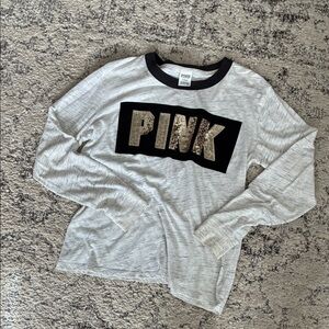 PINK Victoria's Secret Long Sleeve Tee - White/Greyand Gold
